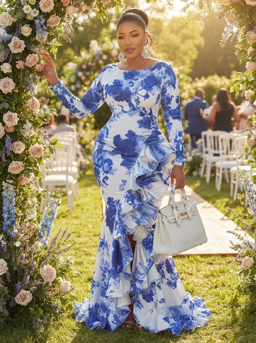 Floral Print Mermaid Maxi Dress Boat Neck Long Sleeve Ruffle Slit Formal Gown Wedding Guest Elegant Women Plus Size Dress