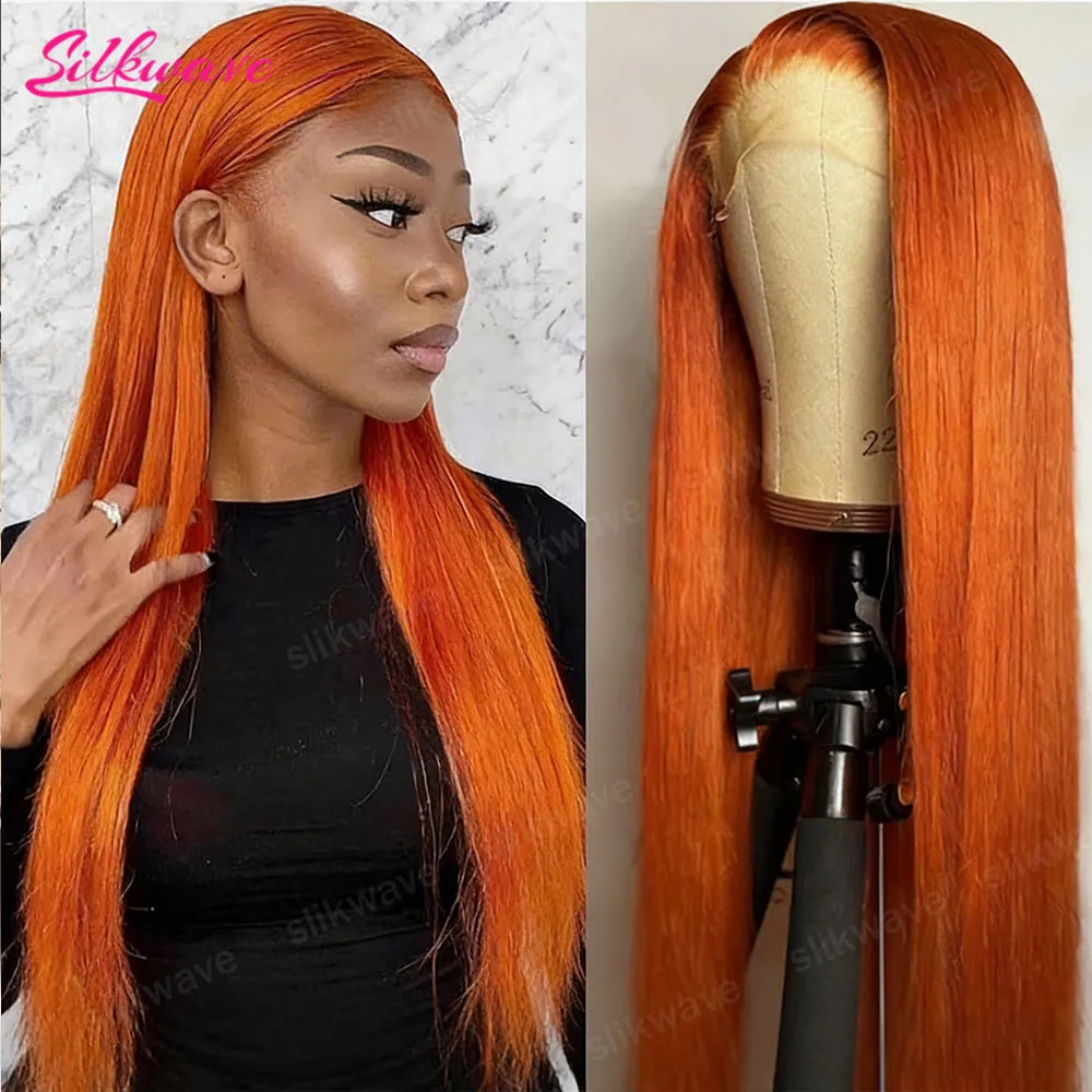 

36-дюймовые оранжево-имбирные парики с прямым краем из натуральных волос для женщин, 13x4, 13x6, с кружевным фронтом, цвет 350, предварительно прорезанные, перуанские