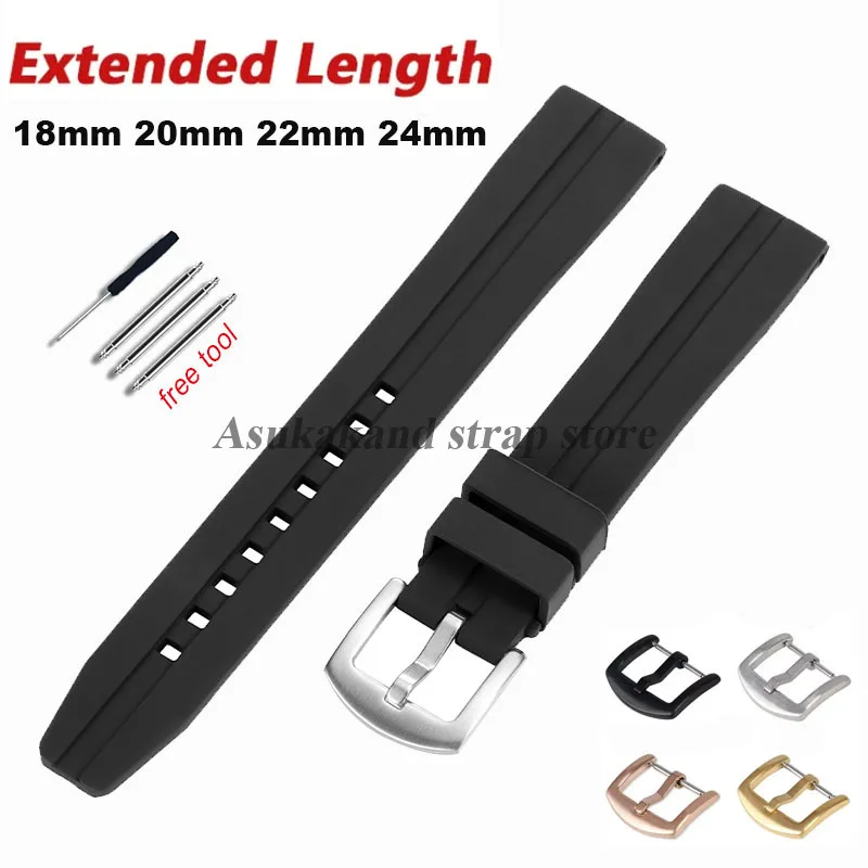 Черный резиновый ремешок увеличенной длины большого размера 20 мм 22 мм для Omega для Seiko для Rolex, водонепроницаемый ремешок для часов, мужской и женский браслет