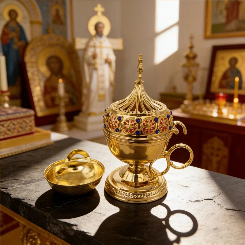 New Byzantine Gold Plated Orthodox Incense Burner with Enamel Gems for Church Liturgy Home Altar Prayer Religious Devotion Gift
