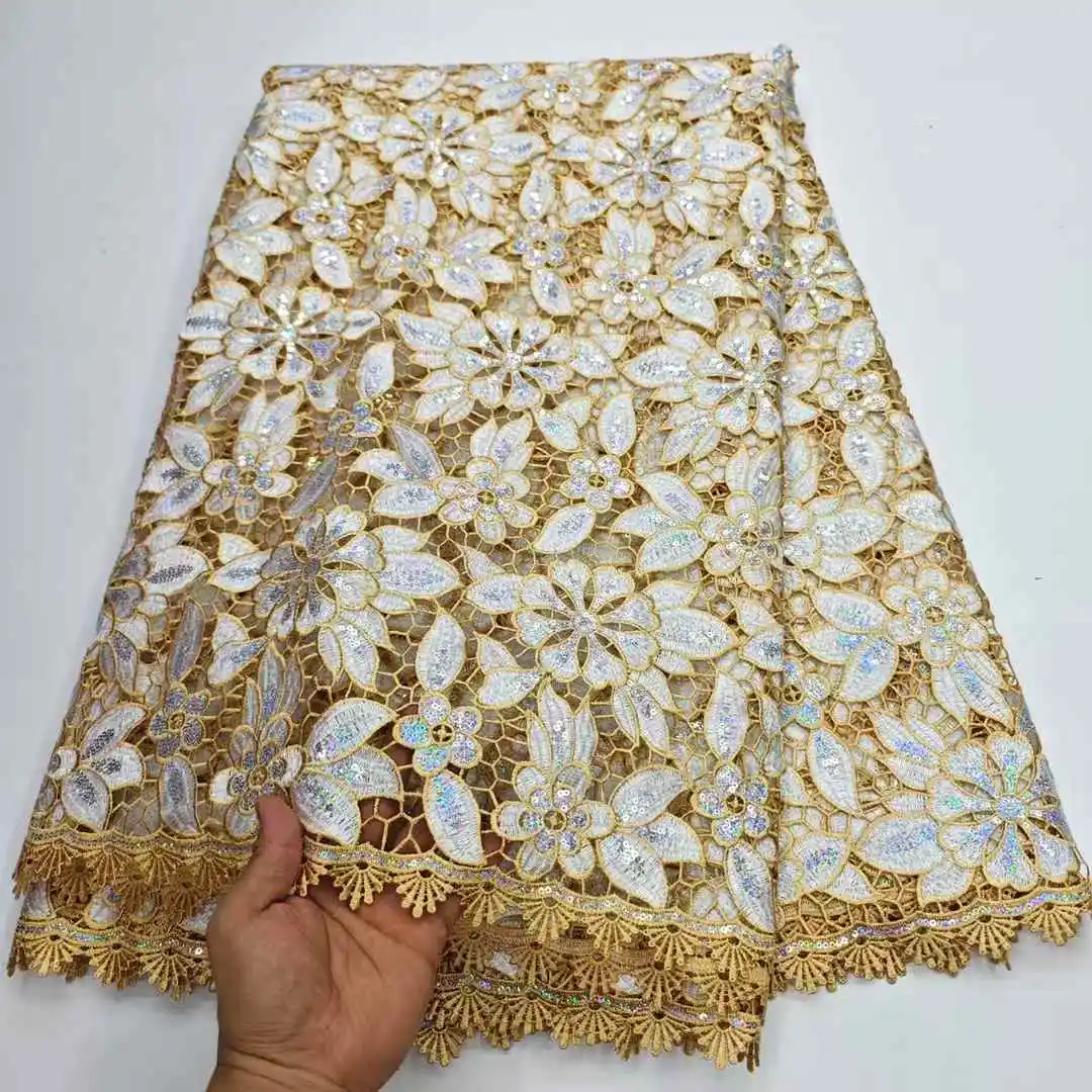 

2025 African French Nigerian High End Guipurre Lace Fabric With Sequins Mesh for Embroidery Wedding Party Bride Sewing Dress