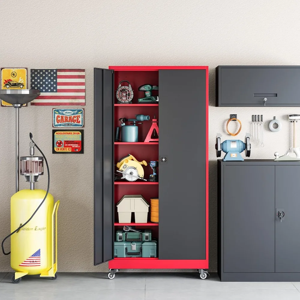 

Metal Garage Storage Cabinet with Wheels, 73" H Locking Tool Cabinet with 2 Doors and 4 Adjustable Shelves, Tall Cabinet