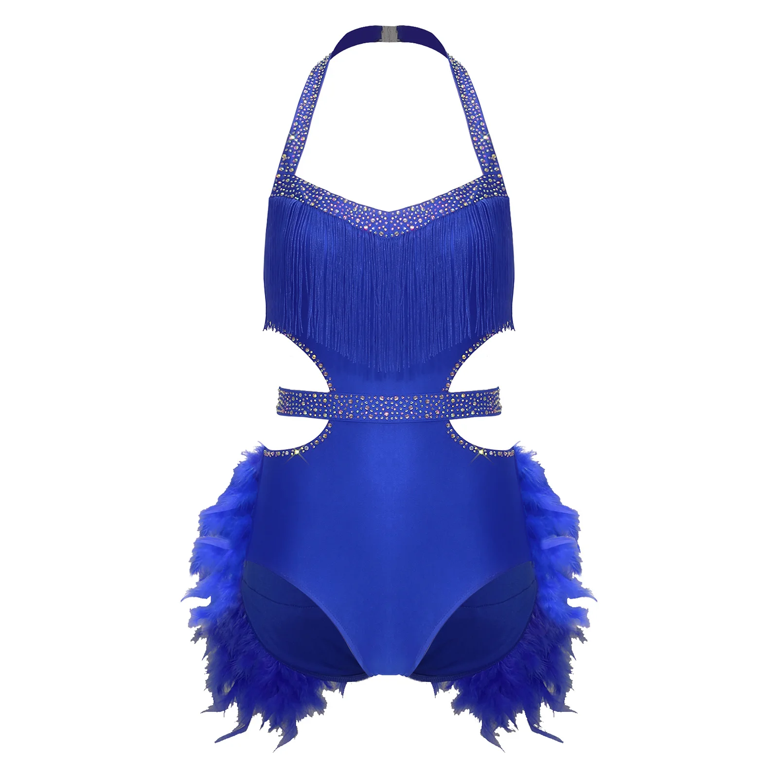 Mulheres latina rumba samba trajes de dança espanhola brilhante strass bodysuit com detalhes de penas falsas halter sem mangas collant