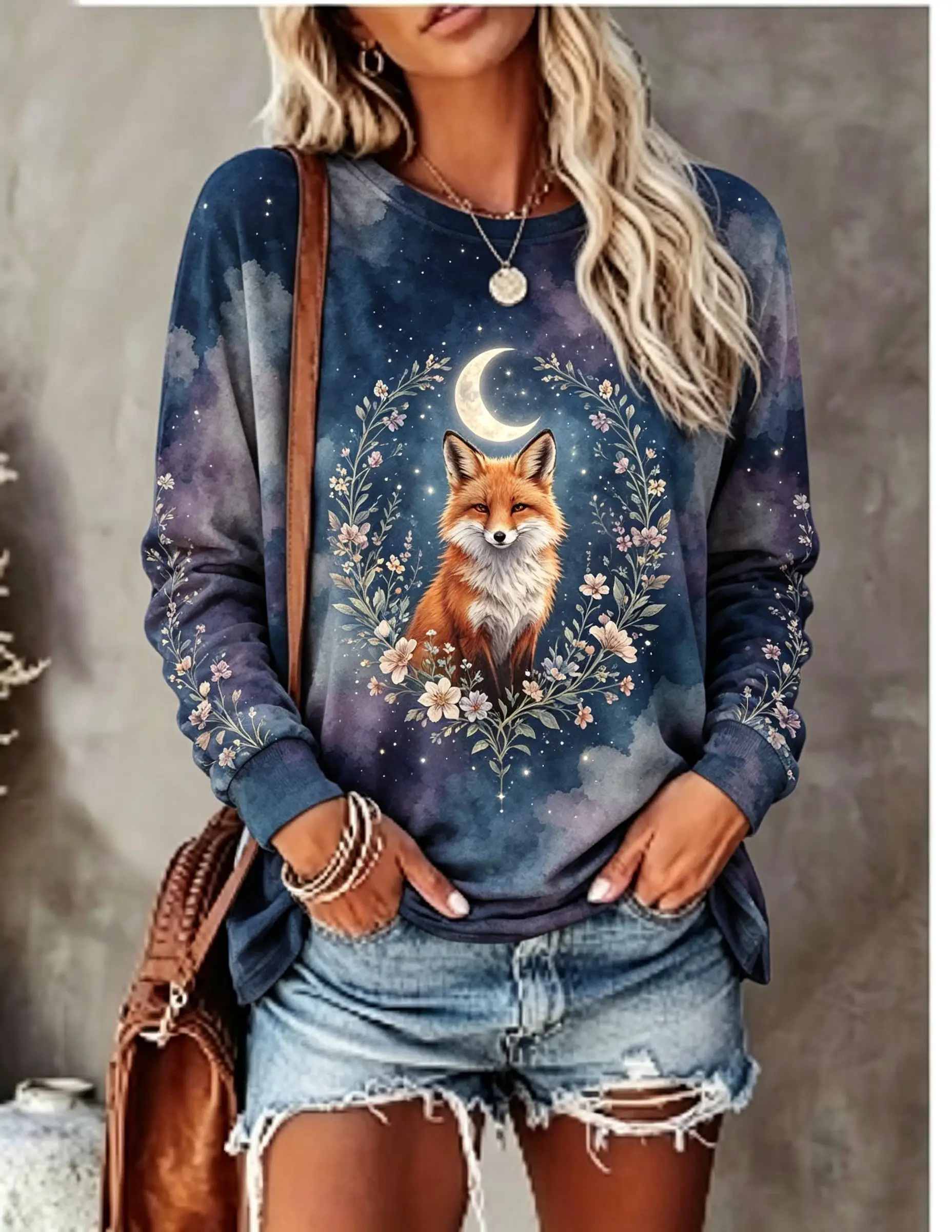 Women Long Sleeve T Shirt Howling Wolf Full Moon Wild Floral Night Print Crew Neck Casual Fall Tops view 2