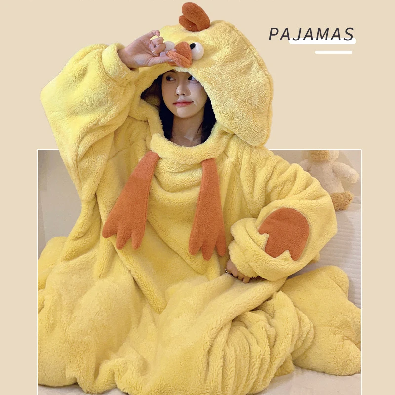 Women Onesies Little Yellow Chicken One-piece Pajamas Flannel Cute Funny Girls Homewear Cartoon Jumpsuit Couple Bestie Sleepwear