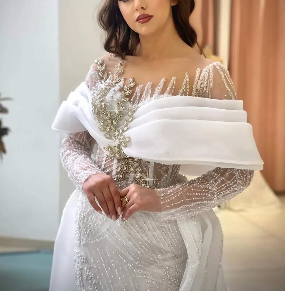 Customized Sheer Neck  Shinny Fully Beads Crystals Wedding Dress Robe De Mariée Long Sleeves Detachable Train Bridal Gown