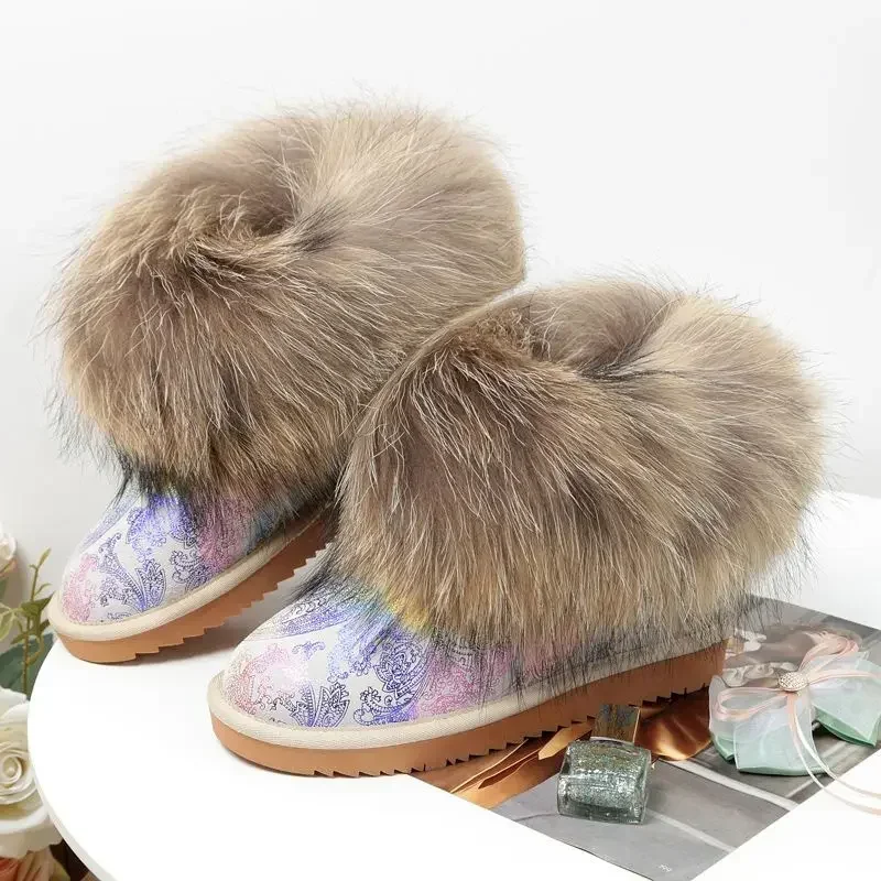 Winter Fox Fur Snow Boots Women\'s Genuine Leather Short Boots Flat Thickened Warm Raccoon Fur Cotton Shoes