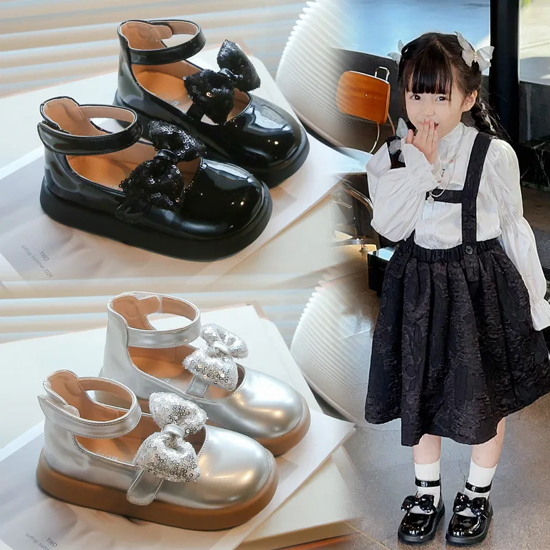 Fashion All-match Little Leather Shoe for Girls 2024 Autumn New Sequin Bow Baby Soft Soles Children Roman Shoe Kids Casual Flats