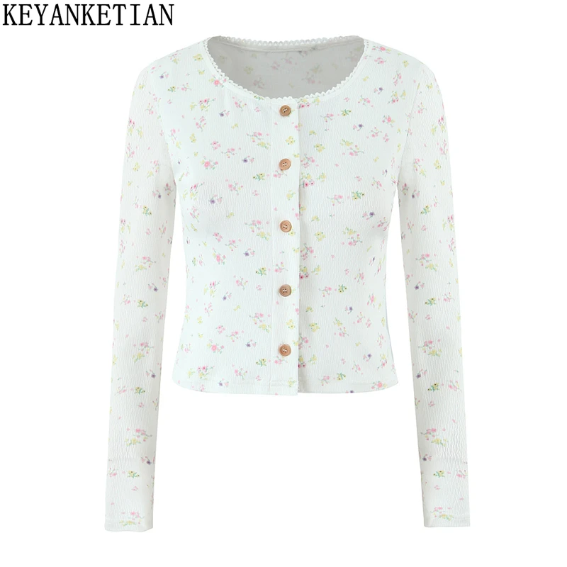 KEYANKETIAN Spring/Autumn New Women Fresh Floral Cardigan Top Pastoral style Lace Decoration Single Breasted Long Sleeve T Shirt