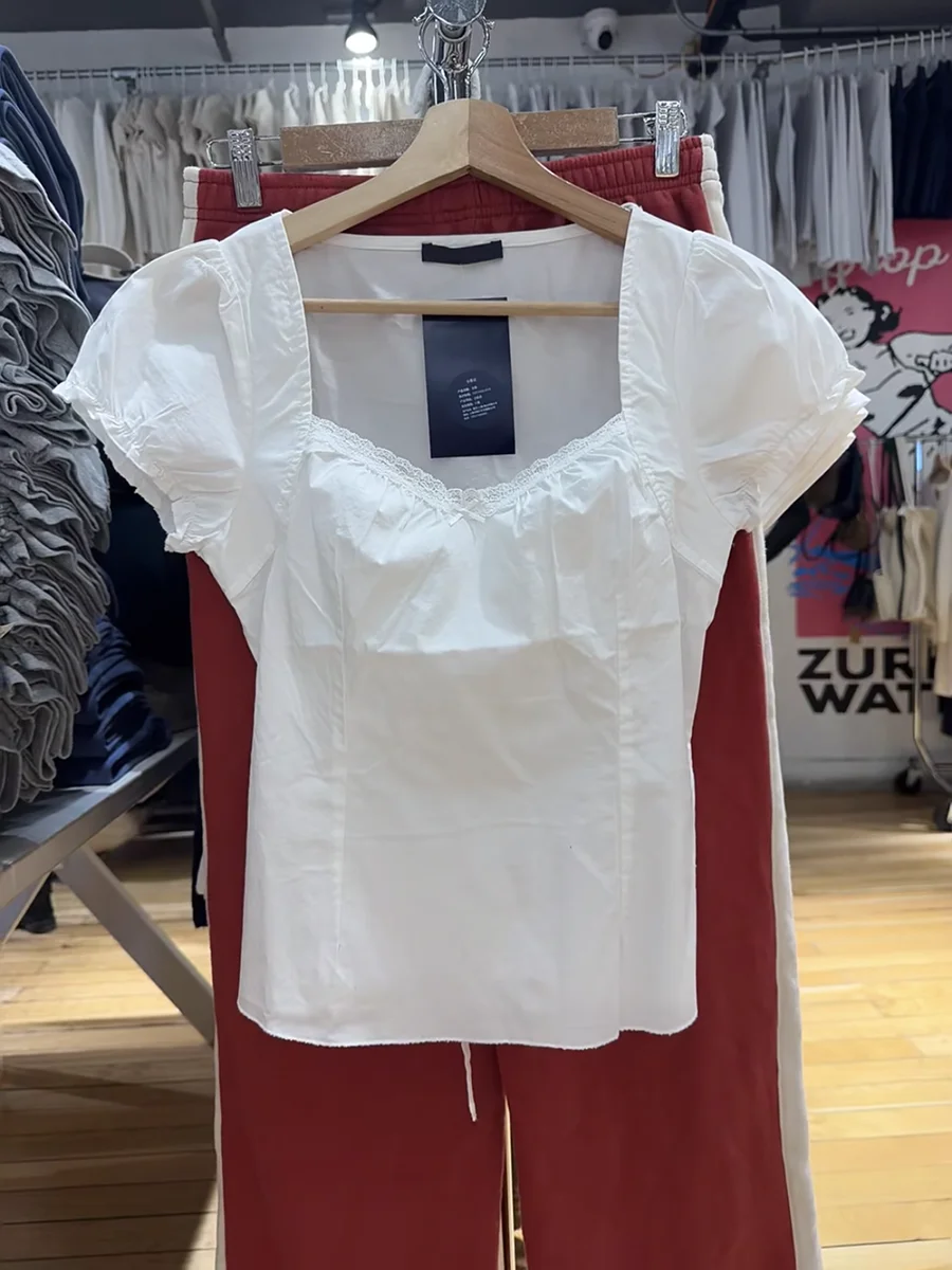 

Lace Trim Bow White Blouse Women Summer V Neck Puff Sleeve Sweet Chic Blouses Preppy Style Simple Casual Shirt Tops 2025 New