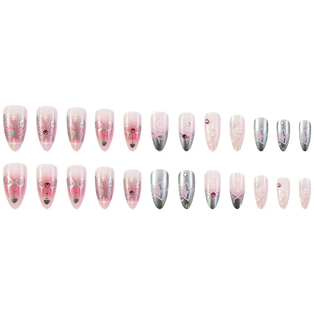 24pcs Spicy Girl Style Fake Nails 3D Sliver Bow Butterfly Decor False Nails Wearable Y2k Sliver Pink Almond Press on Nail Tips