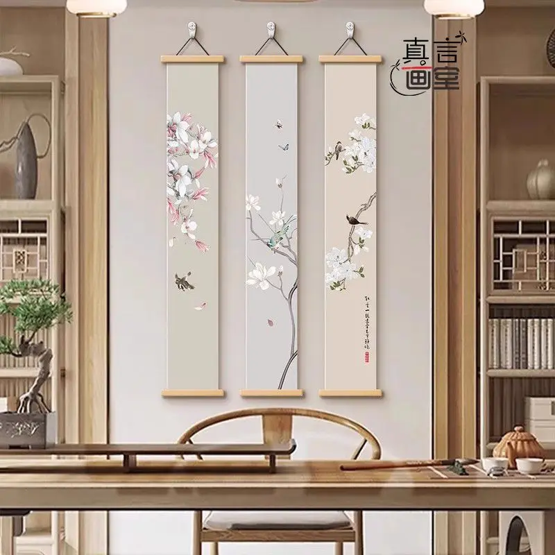 Zen Floral Bird Scroll Tapestry Wall Hanging - House Decoration for Living Room, Hallway, Study & Tea Room, Art Hanging Painting