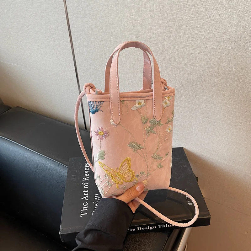 

​​2025 Summer Womens Chinese Embroidery Bow Phone Bag Minimalist Mini Shoulder Purse Small Square Crossbody​