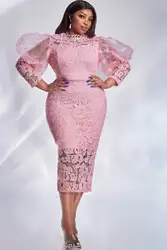 Vestido Midi transparente de encaje rosa para mujer, vestido Formal de talla grande, manga abombada, elegante, dulce, Bodycon para invitados de boda y cóctel