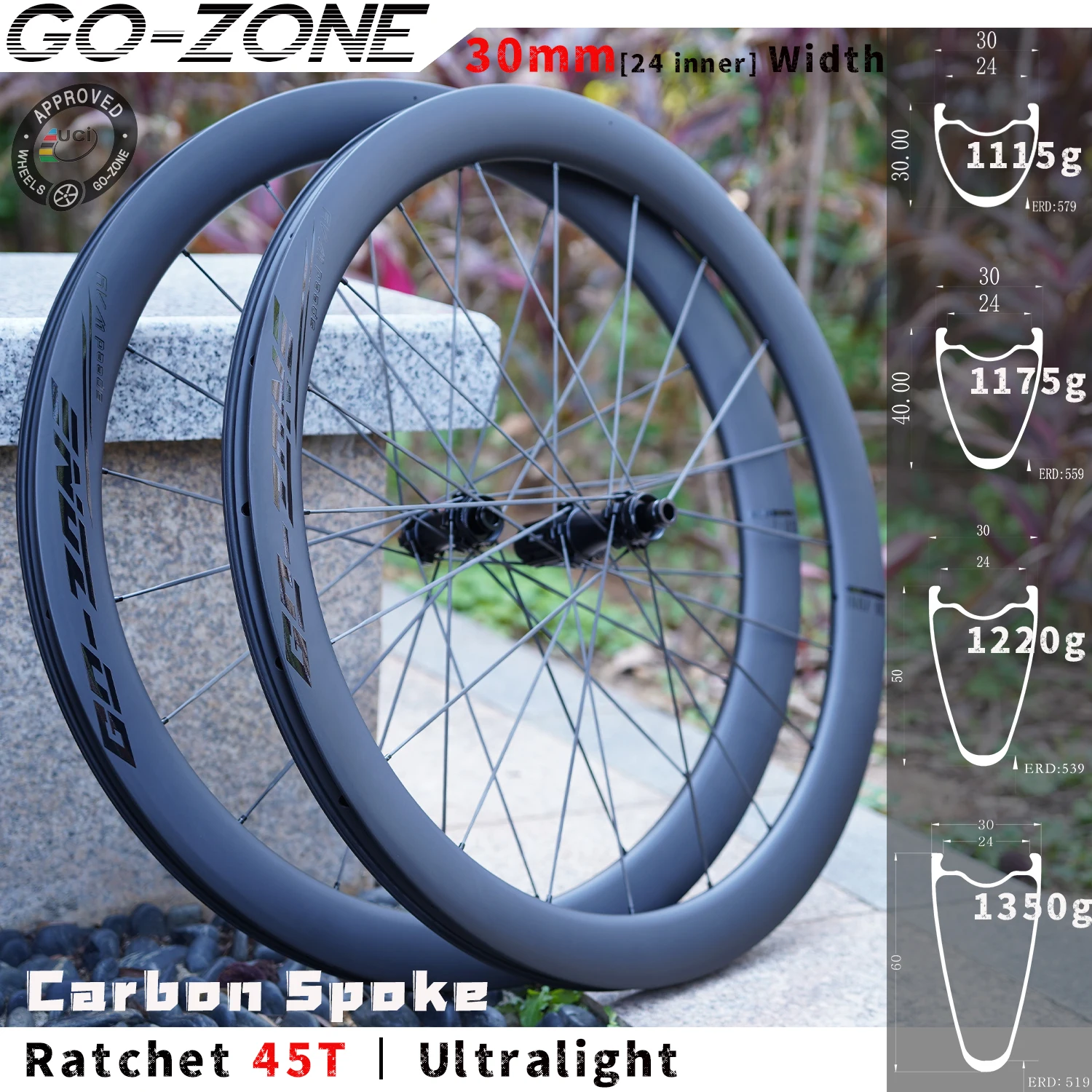 

1115g 700c Carbon Spoke Wheels Disc Brake 45T Ratchet Gozone R280C Normal / Ceramic UCI 28mm Width Road Bicycle Wheelset
