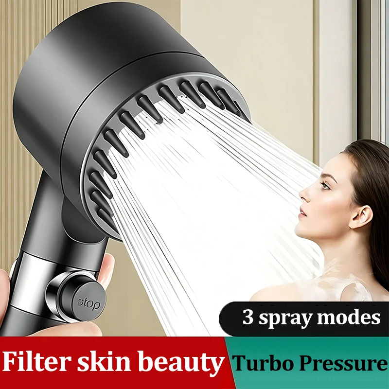 Cabezal de Ducha Turbo a Presión con 3 Modos, Filtro de Alta Presión para el Cuidado de la Piel, Boquilla de Ducha con Botón de Paro, Accesorio Universal para Baño