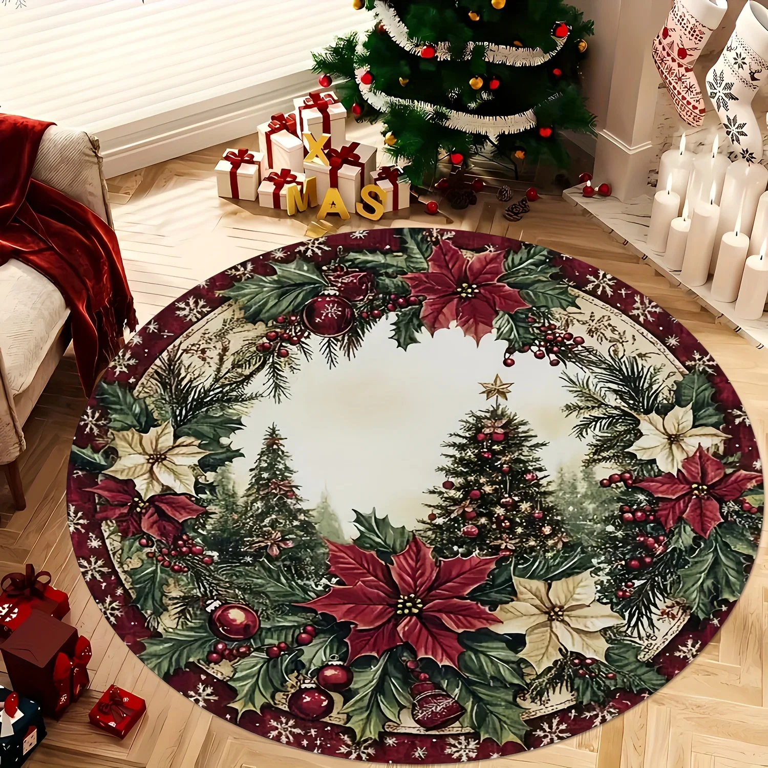 Entryway Door Holiday Celebration Round Rug Christmas Tree Poinsettia Bedroom Dining Room Living Room Balcony Sofa Carpet