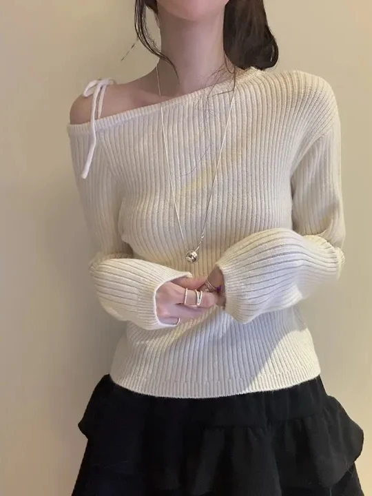 

Корейский вязаный свитер, женский длинный свитер с завязками на плечах, осень-зима, утягивающий повседневный модный топ