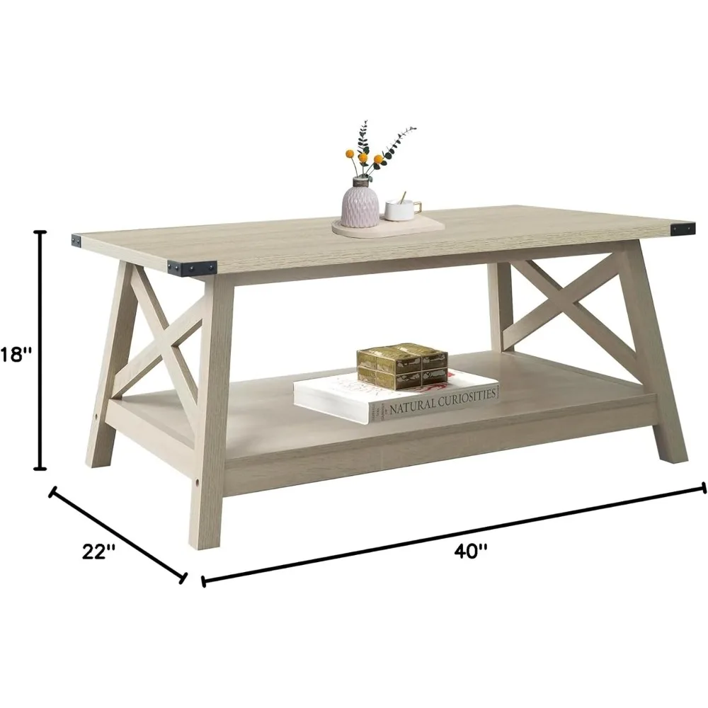 Farmhouse Coffee Table with Corner Protection, 40 Inch, White Oak