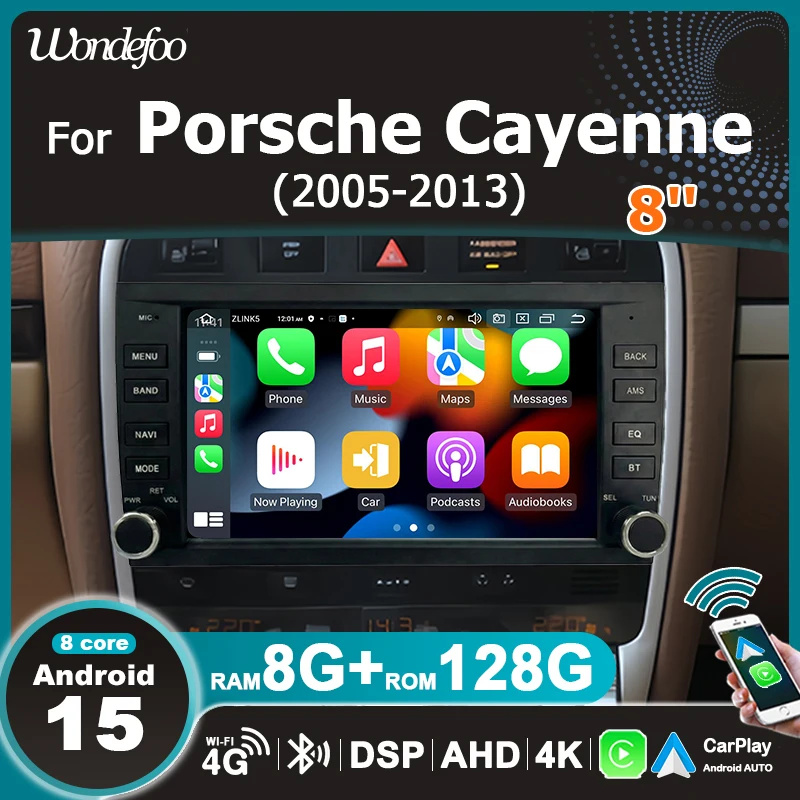 Schermo da 8" Android 15 Auto Wireless Carplay Autoradio Stereo per Porsche Cayenne 2005-2013 Bluetooth Autoradio Lettore Multimediale Navigazione GPS 2 DIN WIFI 4G LTE