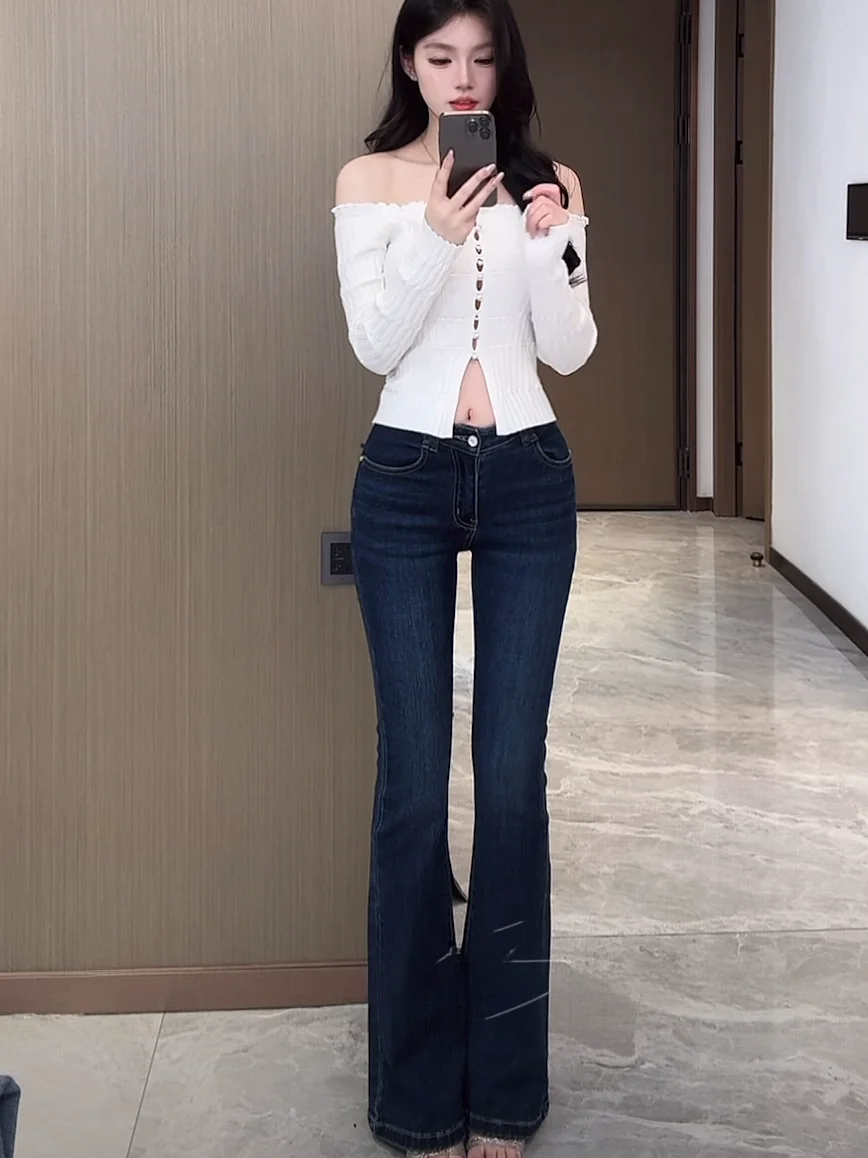 

Original Design Vintage Blue Flared Jeans High Waist Cotton Stretch Denim Ladies High Elastici Autumn New Sle American Retro