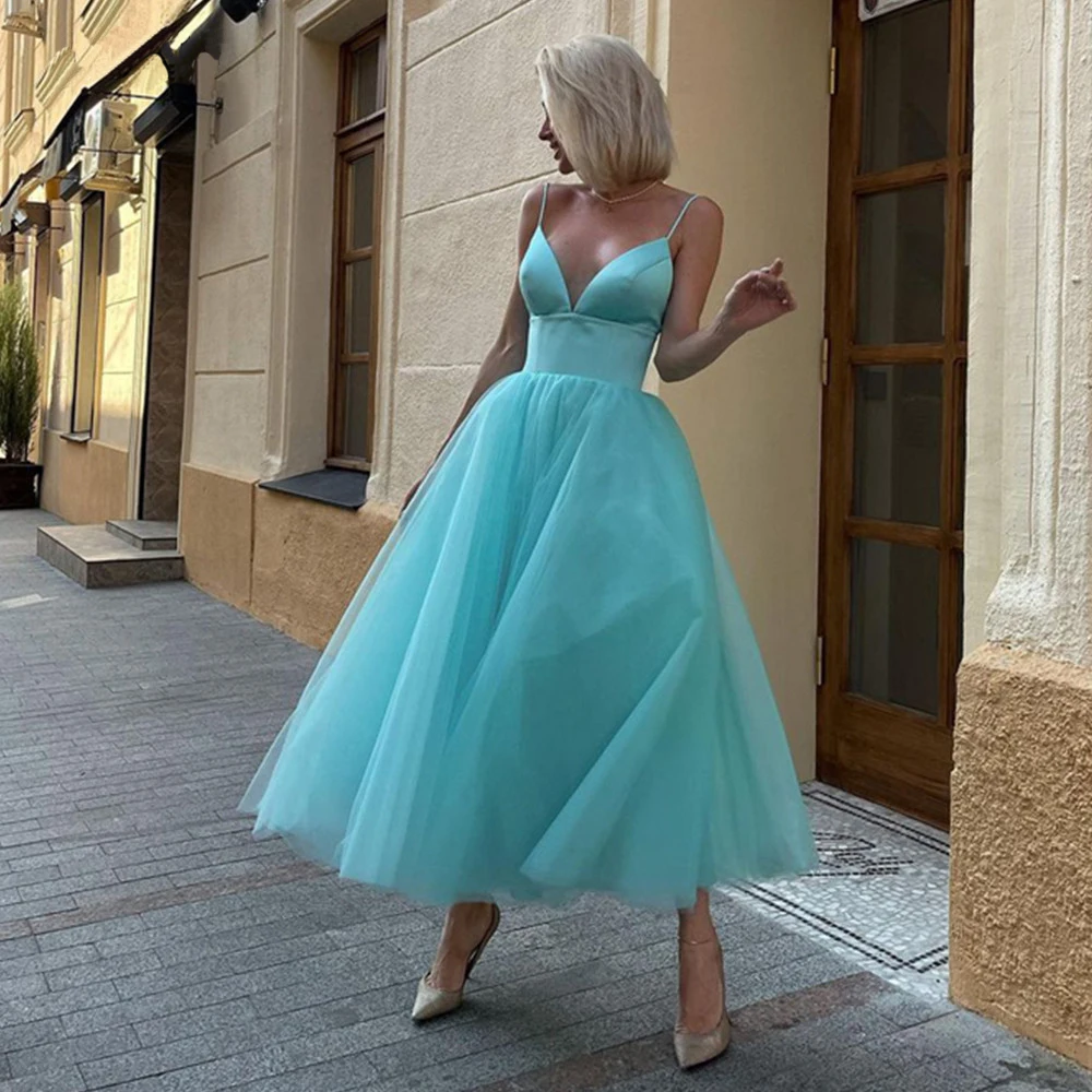 

Sexy V-Neck Prom Dress Tulle A-line Spaghetti Strap Dubai Saudi Arabic Evening Gown Robes De Soirée Vestidos De Fiesta