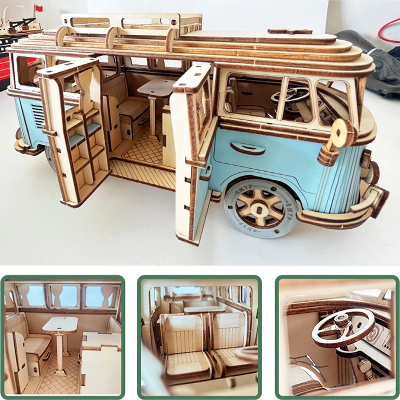 

Retro Bus European-style Campervan 3D Wooden Car Puzzle DIY Sailing Ship Airplane Building House Model Jigsaw Toys For Children