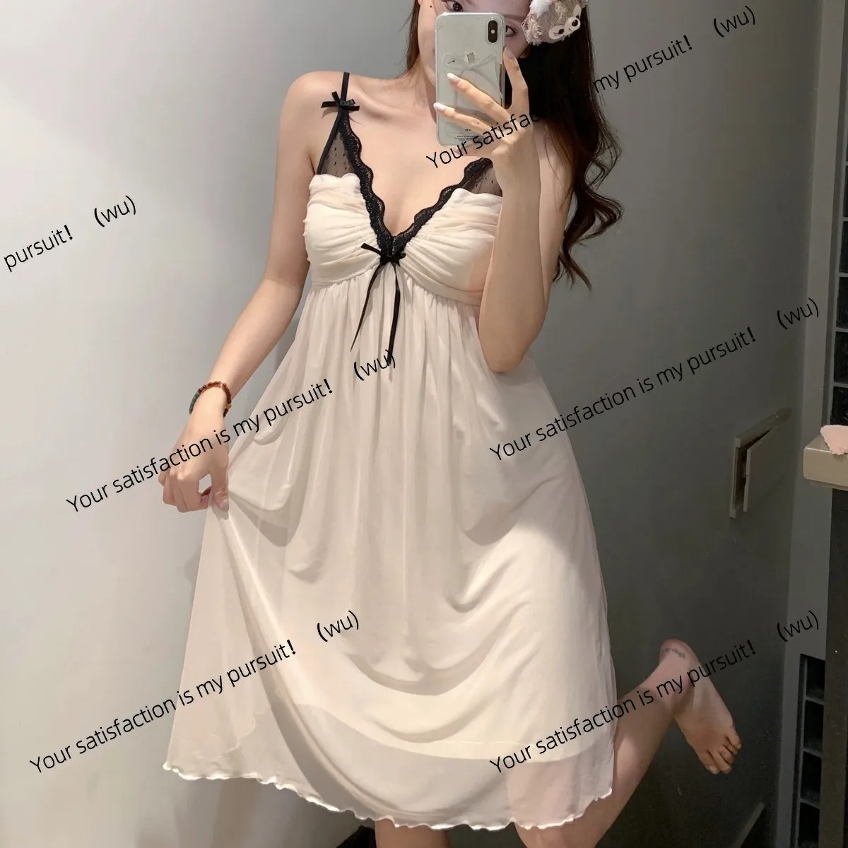 

Summer sexy suspender nightgown women's pure desire wind sweet mesh girl pajamas with chest pads gather French nightgown