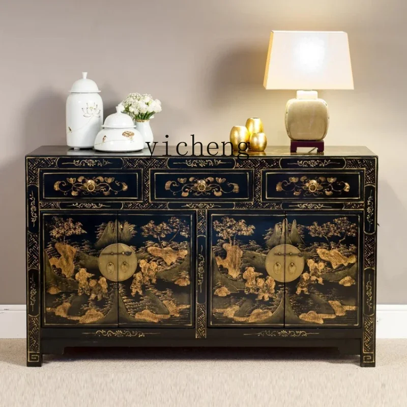 

ZC solid wood retro old furniture black gold-painted side cabinet antique classic elm shoe cabinet