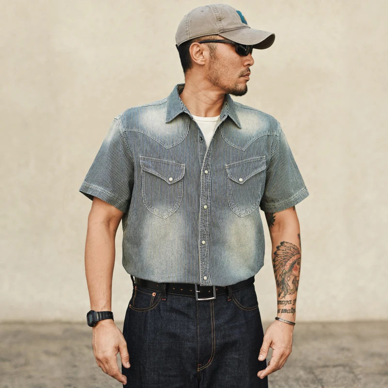 

American Sle Men's ort Sve Striped Denim irt Western Wind Retro Ame a Trendy Casual irt Loose Fit Summer