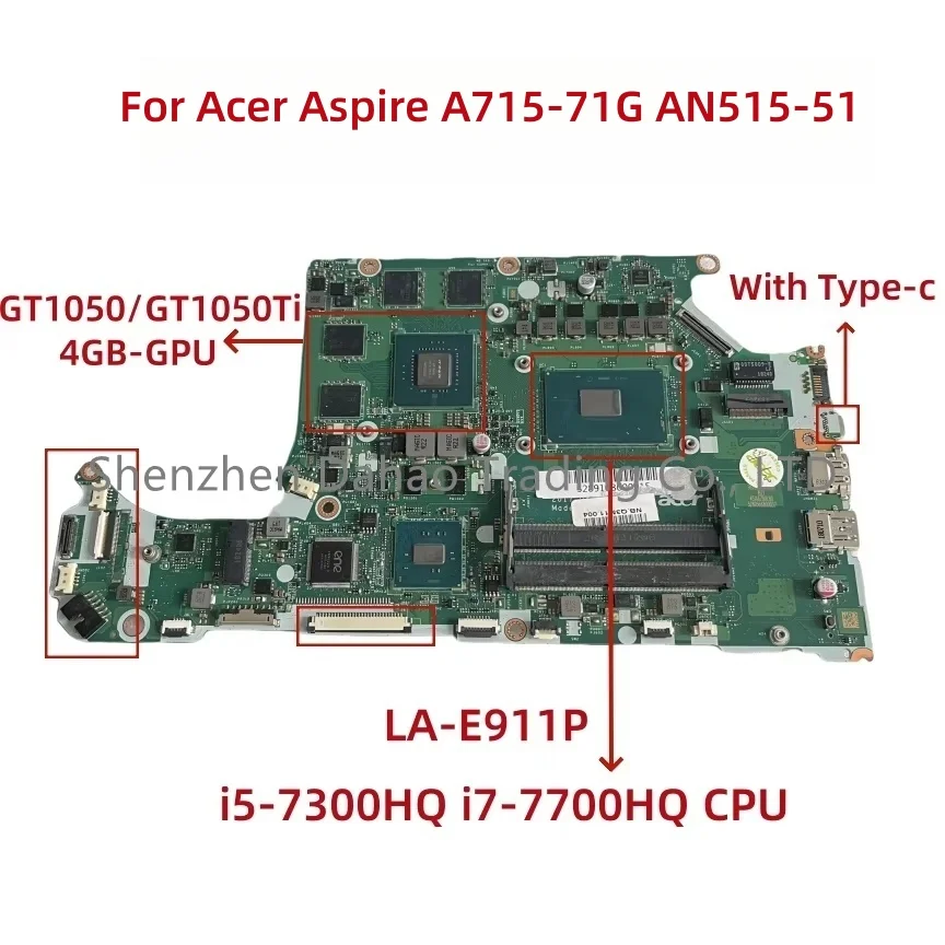 Para Acer N17C1 Aspire A715-71G AN515-51 placa base de computadora portátil LA-E911P con i5-7300HQ i7-7700HQ CPU GTX1050/GTX1050Ti 2GB/4GB-GPU