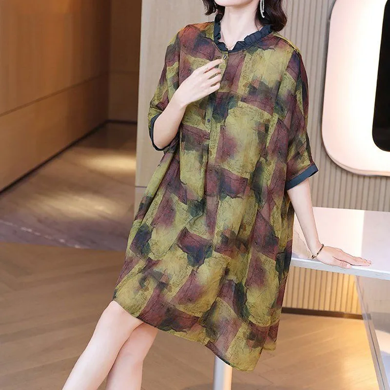 Summer Vintage Loose Waist Printed Dress for Women Fashion Button Spliced Korean Casual Temperament Round Neck Knee Dresses