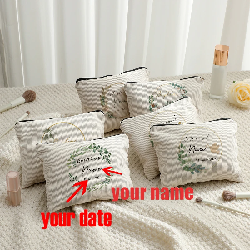 

Personalized Name Nature Country Dove Eucalyptus Baptism Leaf Patterns Corduroy Zipper Pouch Makeup Bag Christmas Birthday Gifts
