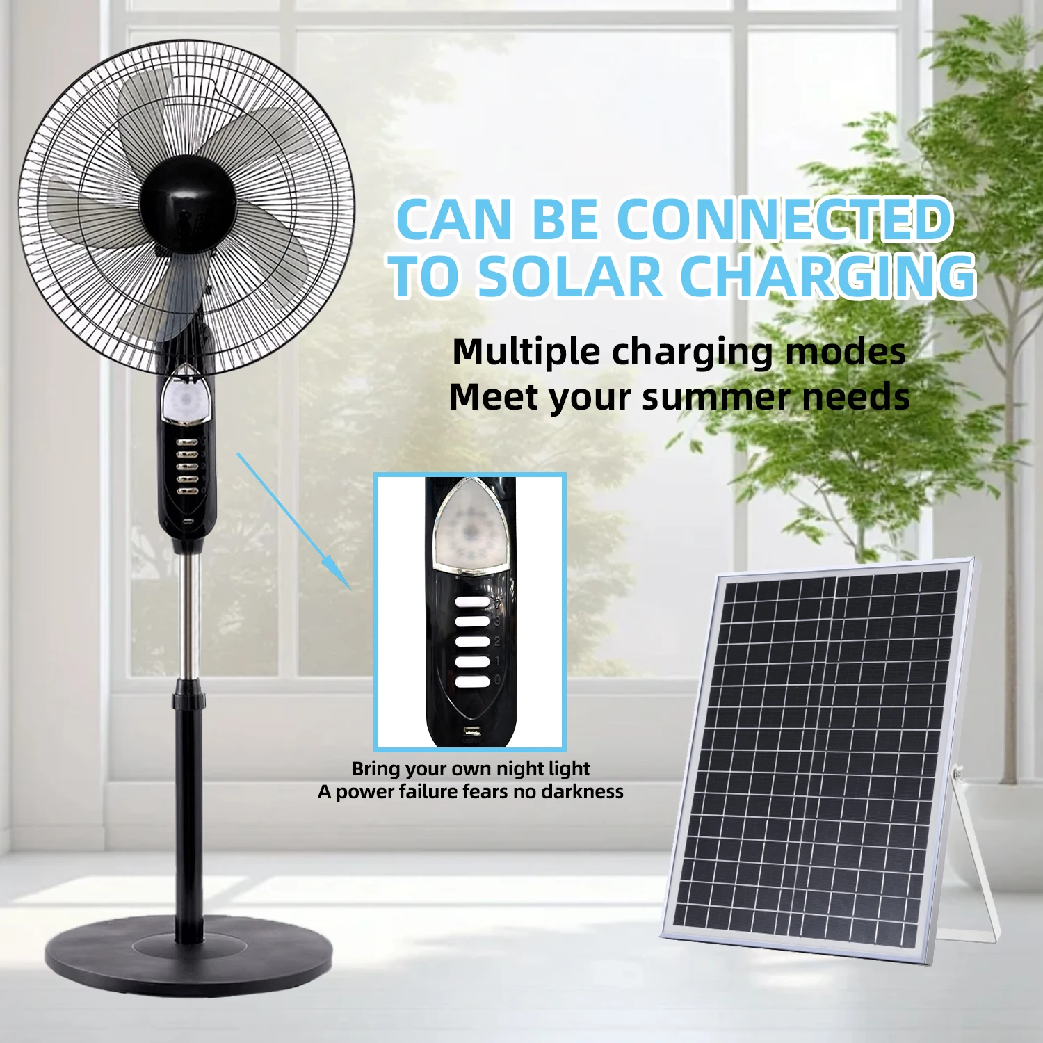 مروحة قائمة محمولة مع لوحة شمسية وبطارية ومروحة تعمل بالطاقة الشمسية، 3 سرعات مروحة هادئة قابلة لإعادة الشحن للتخييم في غرفة النوم المنزلية