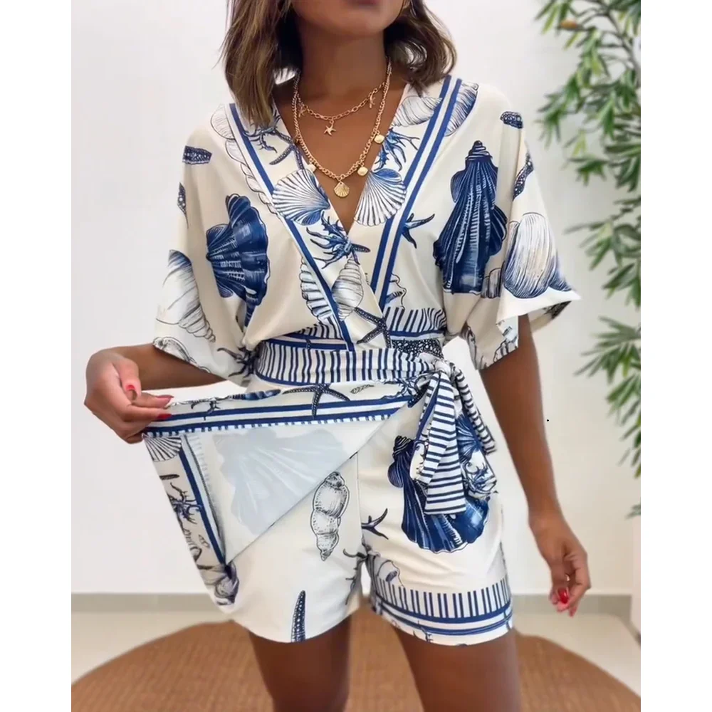 

Women's Starfish & Seashell Print Overlap V Neck Half Sleeve Wrap Knot Side Romper Casual Stretchy Back Waist Vacation Romper