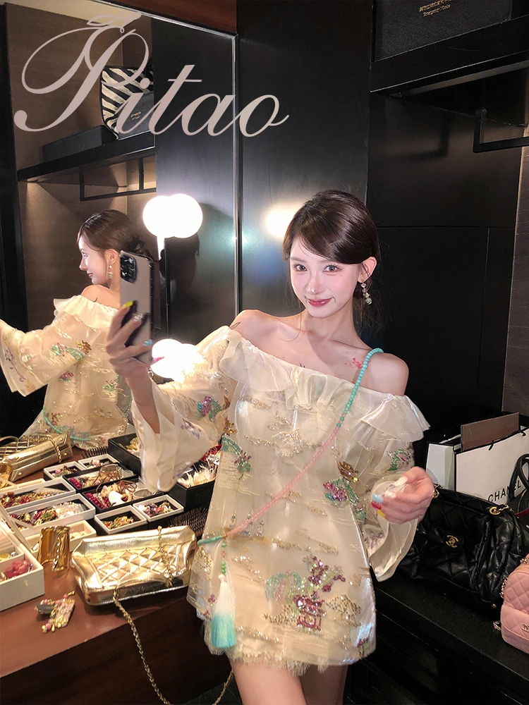 

PITAO Оригинальный новый китайский топ с вышивкой на одно плечо, женский модный комплект из двух предметов для весны и лета, Poetic Jiangnan