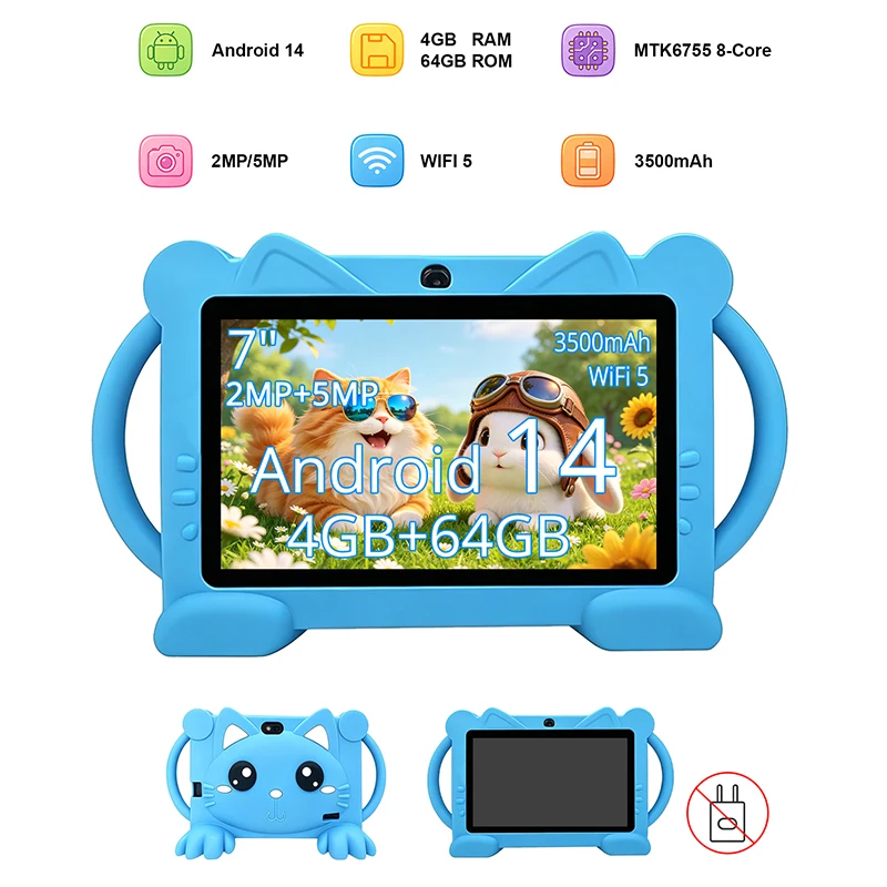 7 Inch Kids Tablet Android 14 4GB 64GB 3500mAh Eye Protection Dual Camera WiFi Bluetooth Portable Children Study Tablet