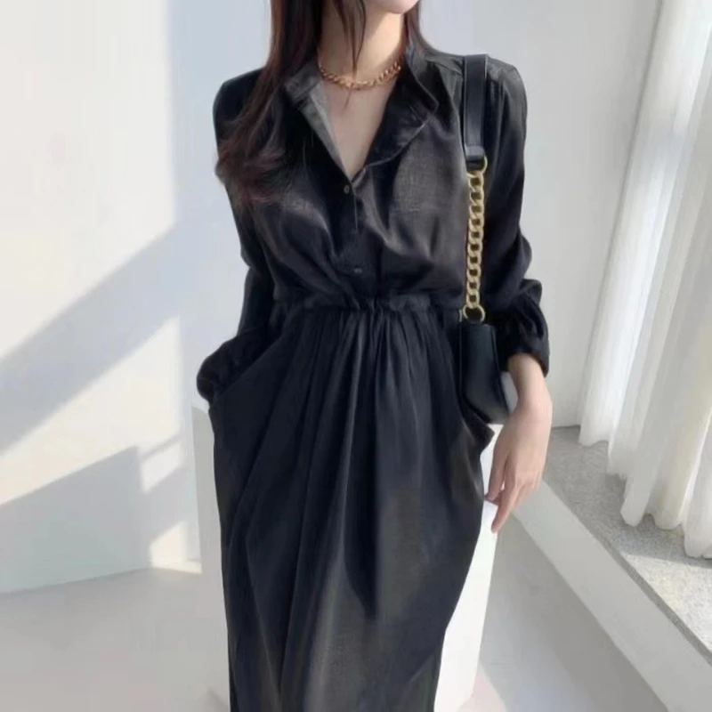 REALEFT Casual Stand Collar Women\'s Shirt Dresses Lace Up Solid Buttons Elegant Pockets Straight Dress Female 2024 New