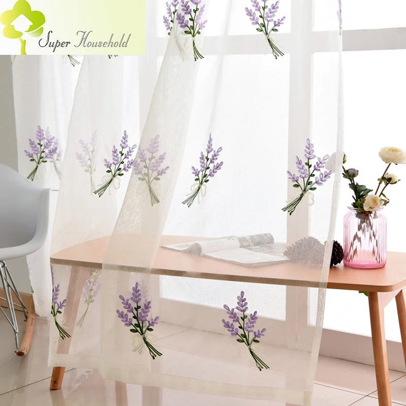 Purple Embroidered Lavender Sheer Curtains for Living Room Tulle Linen Curtains Window Screen for Children Girls Bedroom