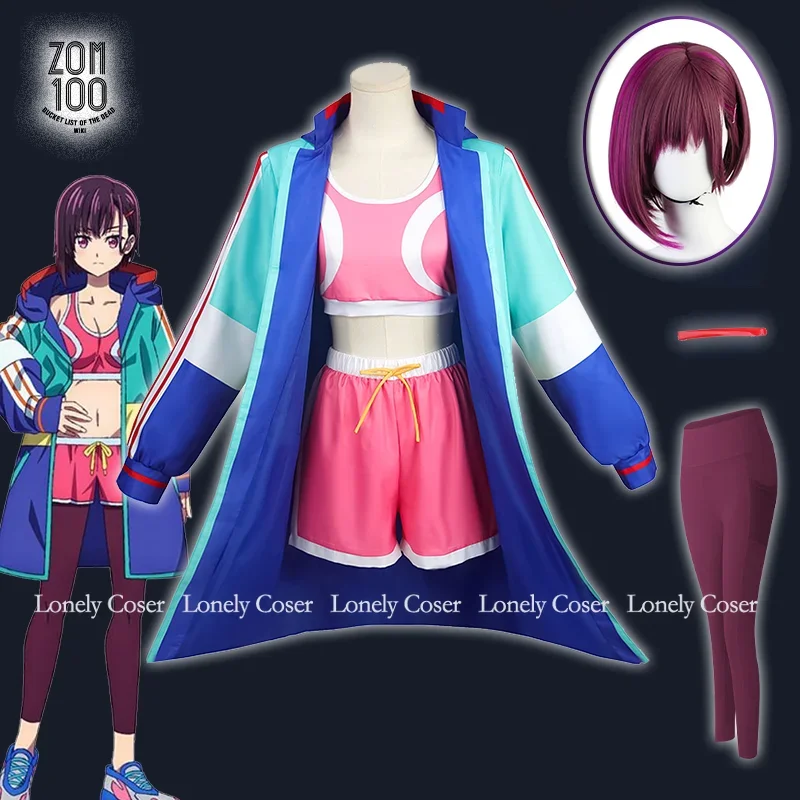 Disfraz de Shizuka Mikazuki Anime Zom 100, Sudadera con capucha, chaqueta, sujetador, pantalones cortos, horquilla, pantalones de Yoga, lista de los muertos