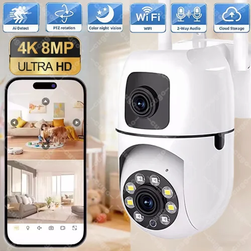 Imagen 1 del producto Cámara de Vigilancia WIFI de 8MP, Doble Lente, Doble Pantalla, Cámaras IP PTZ Inalámbricas, Seguimiento Automático, Visión Nocturna en Color, Zoom 8X, Cámara CCTV de 5MP