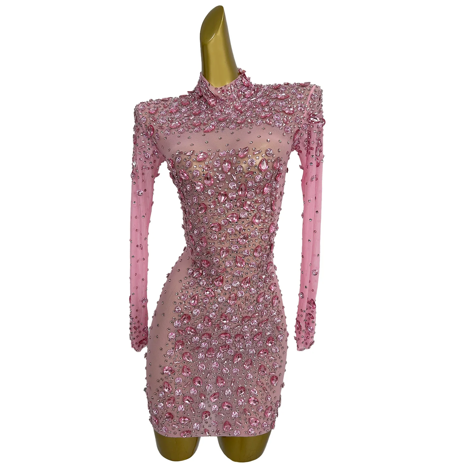 

Plus Size Women Party Dress Pink Mesh Shiny Rhinestone Short Dress Wedding Banquet Bridal Costume Stage Performance Costume cxdq