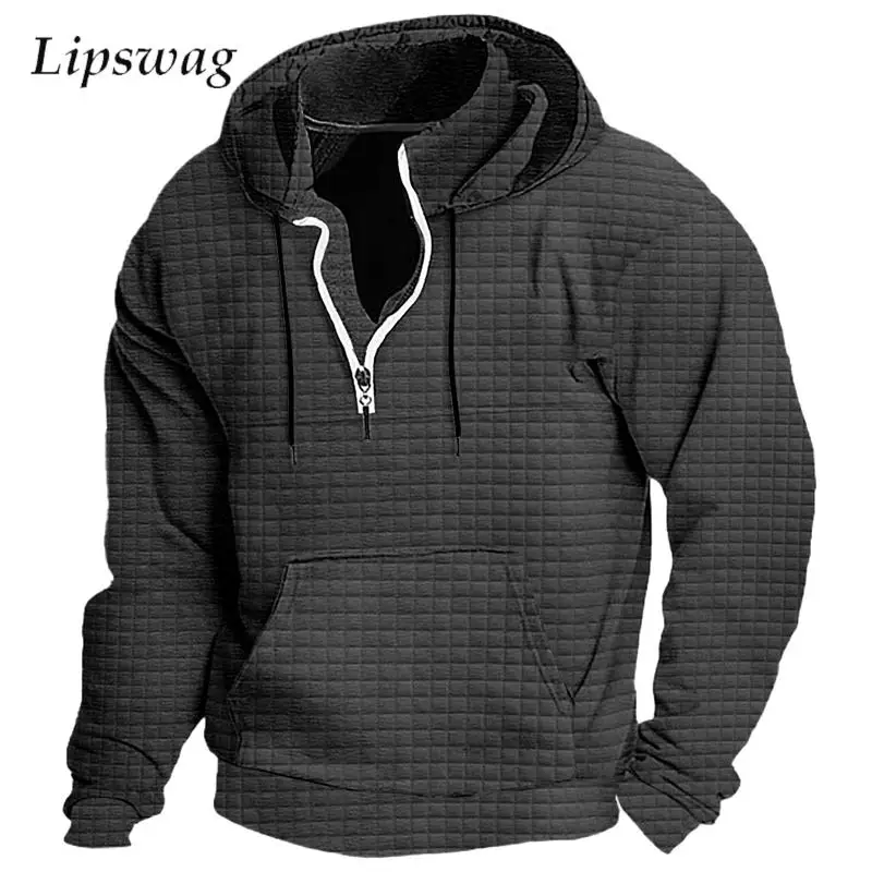 2024 Autumn Casual Mens Hoodies Loose Long Sleeve Solid Color Waffle Hoodie For Men Fashion Zipper Lace-up Hooded Sweatshirts