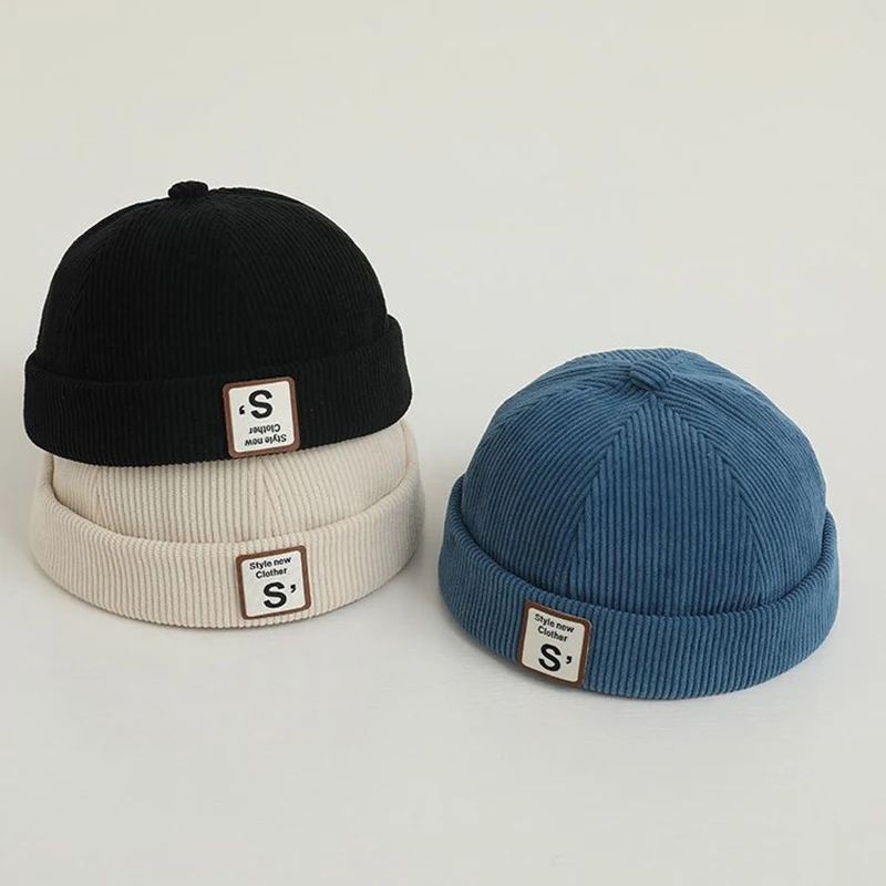 Vintage Letter Baby Brimless Hat Solid Color Corduroy Toddler Docker Cap Autumn Winter Warm Adjustable Kids Boy Girl Beanie Hats