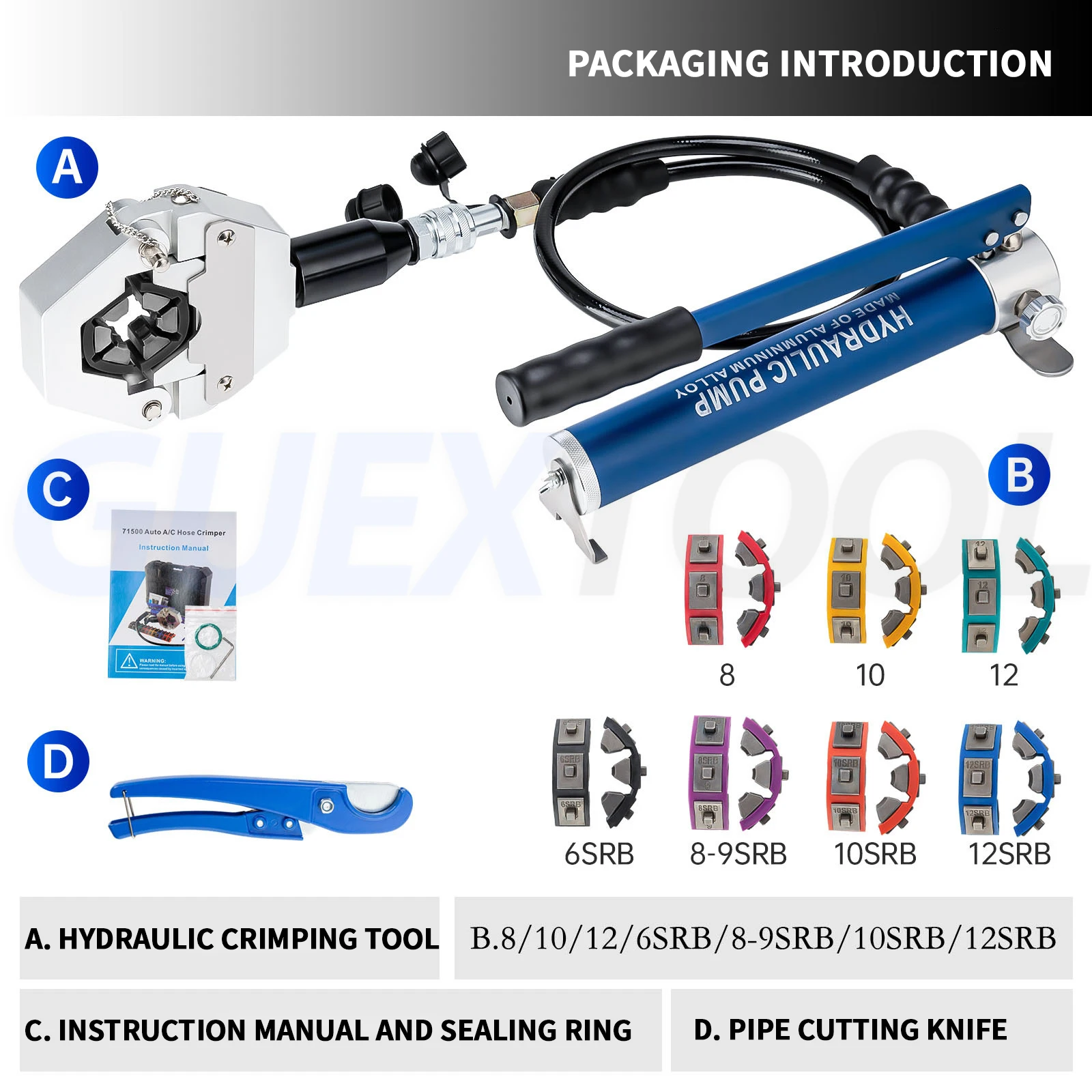 Manual AC Hose Crimper FS-7842B Separable Hydraulic Hose Crimper Kit With Aluminum Pump Air Conditioner Repair Tools