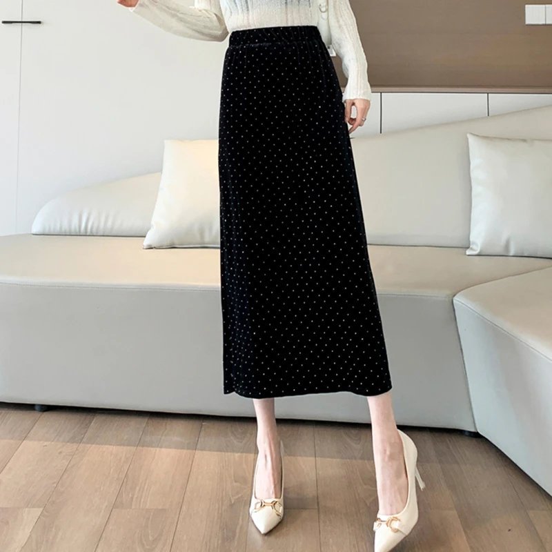 Women's Velvet Skirts Autumn Fashion Back Slit Straight Midi Skirt Ladies Elastic High Waist Sequined Hot Drilling Long Skirt