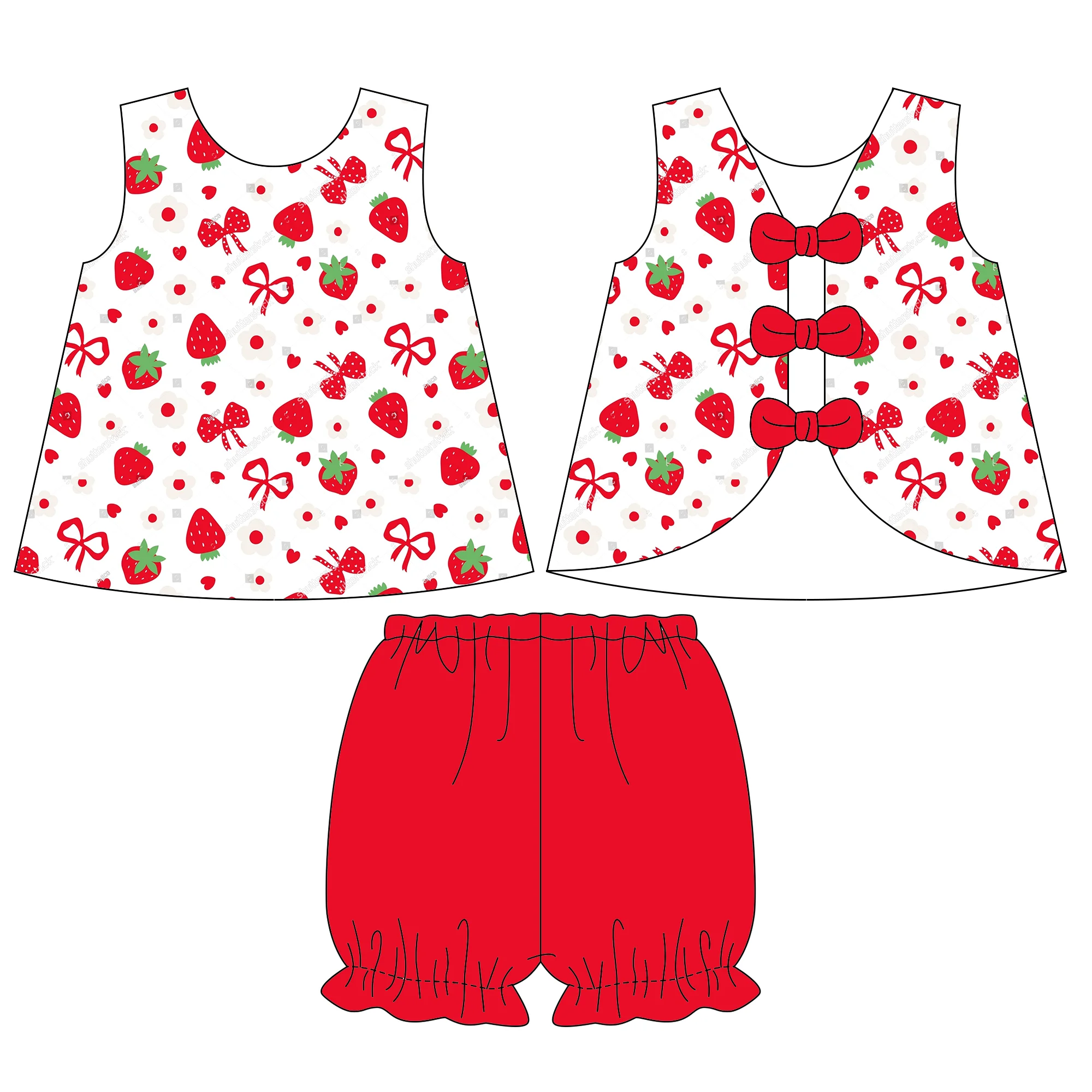 Summer Toddler Girls Clothes Set Strawberry Print Sleeveless Backless Top with 3 Bows Bloomers Shorts Set Kids Boutique Outfits