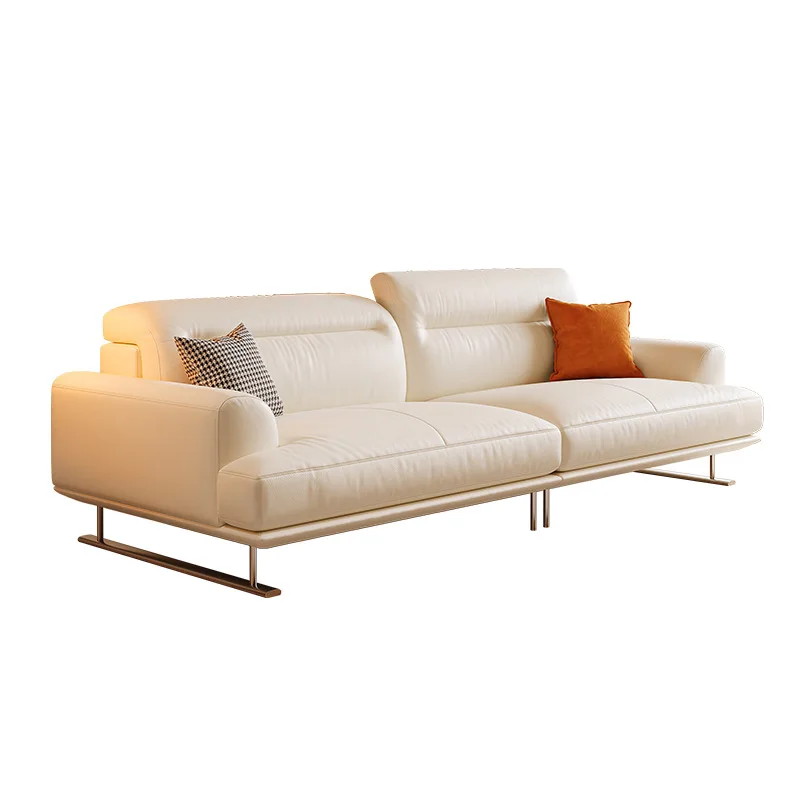 

Small apartment living room retro style white sofa multi-gear adjustable headrest large white leather sofa