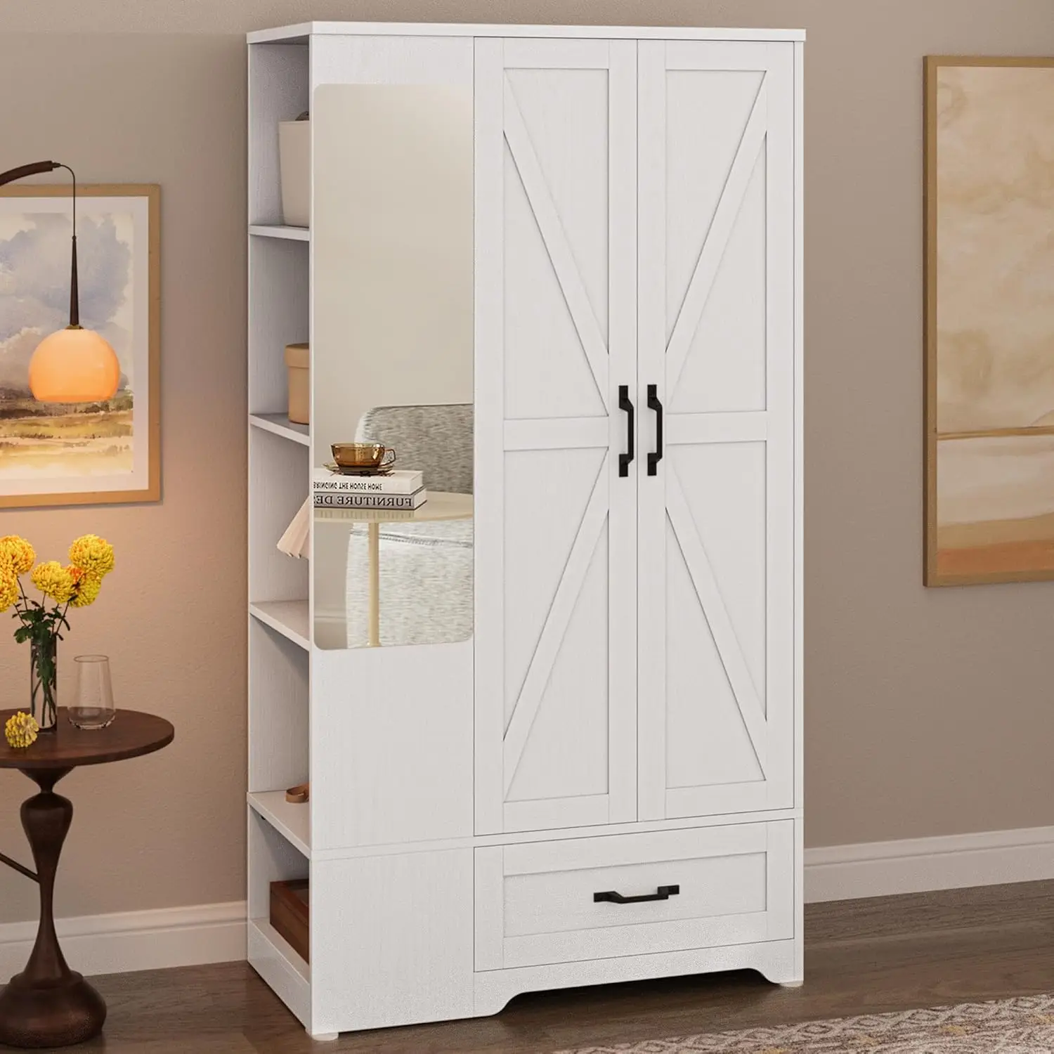 Likimio Armoire Wardrobe Closet With Barn Doors And Drawers And Full Mirror And 5 Storage Shelves 70