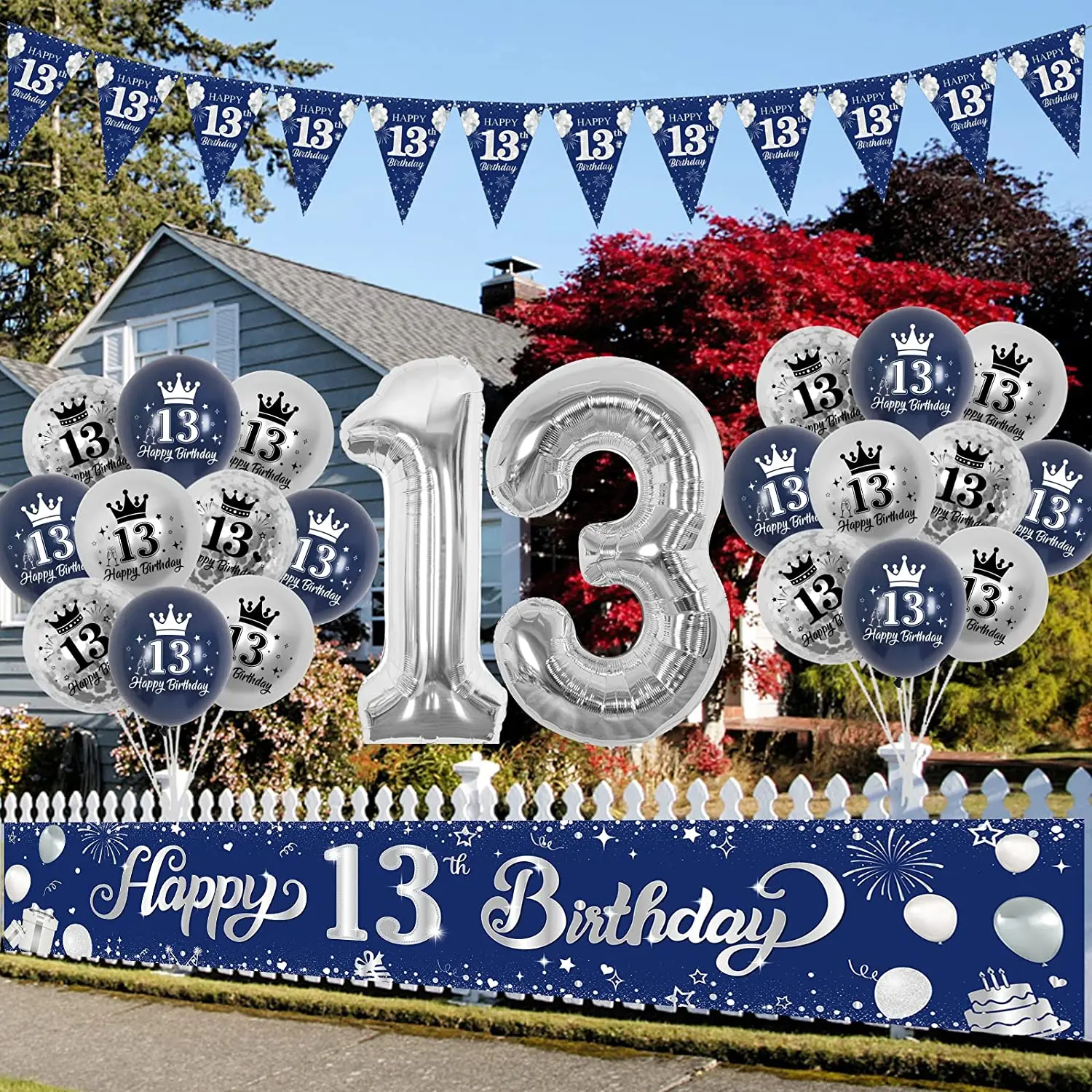 Imagem -06 - Aniversário Decorações para Meninos Meninas Azul Marinho Feliz 13 ° Aniversário Yard Banner 13 Foil Balões Adolescente Suprimentos de Aniversário 13 °